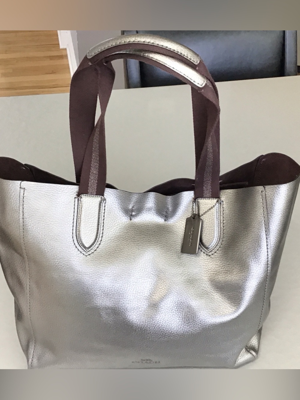 Coach Gunmetal Metallic Large Leather Tote with Dark Brown Straps EUC
